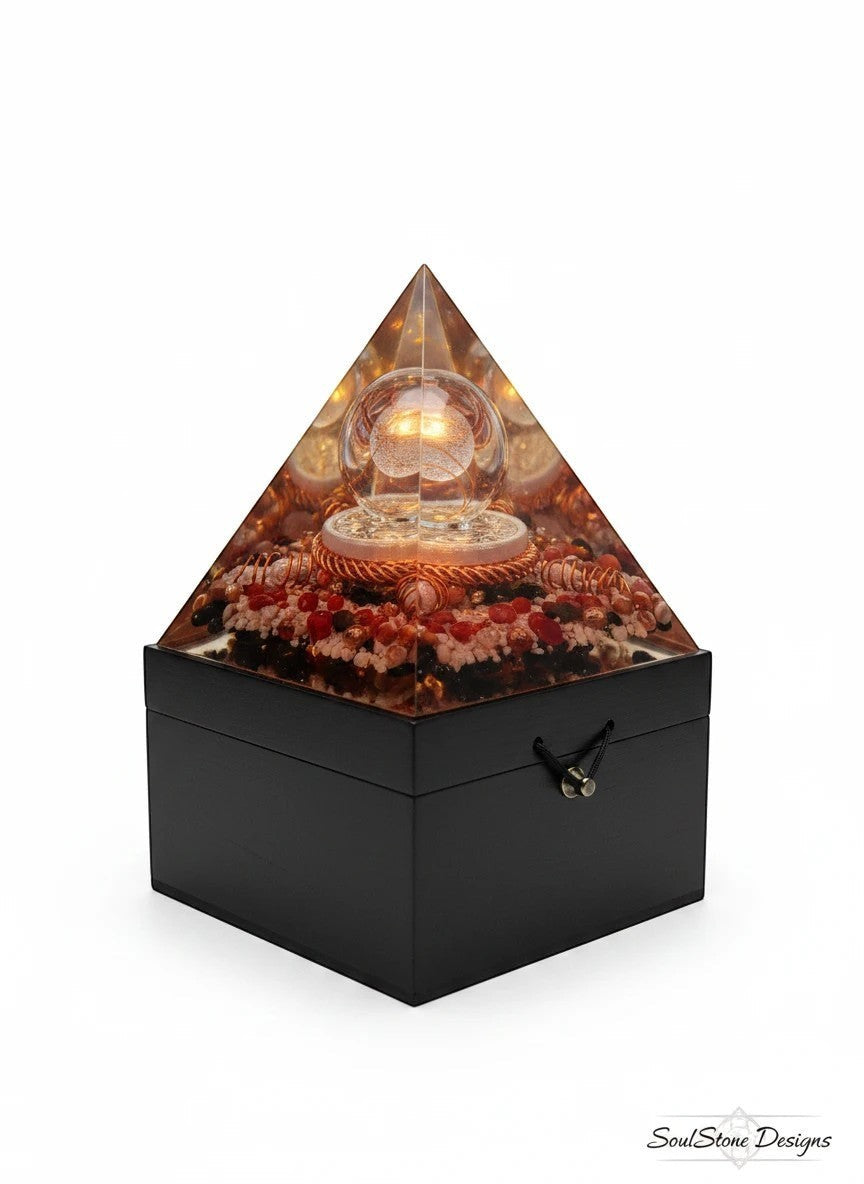 SoulStone Designs orgonite lamp with glass sphere, copper details, carnelian, sunstone, and black tourmaline on a black base.
