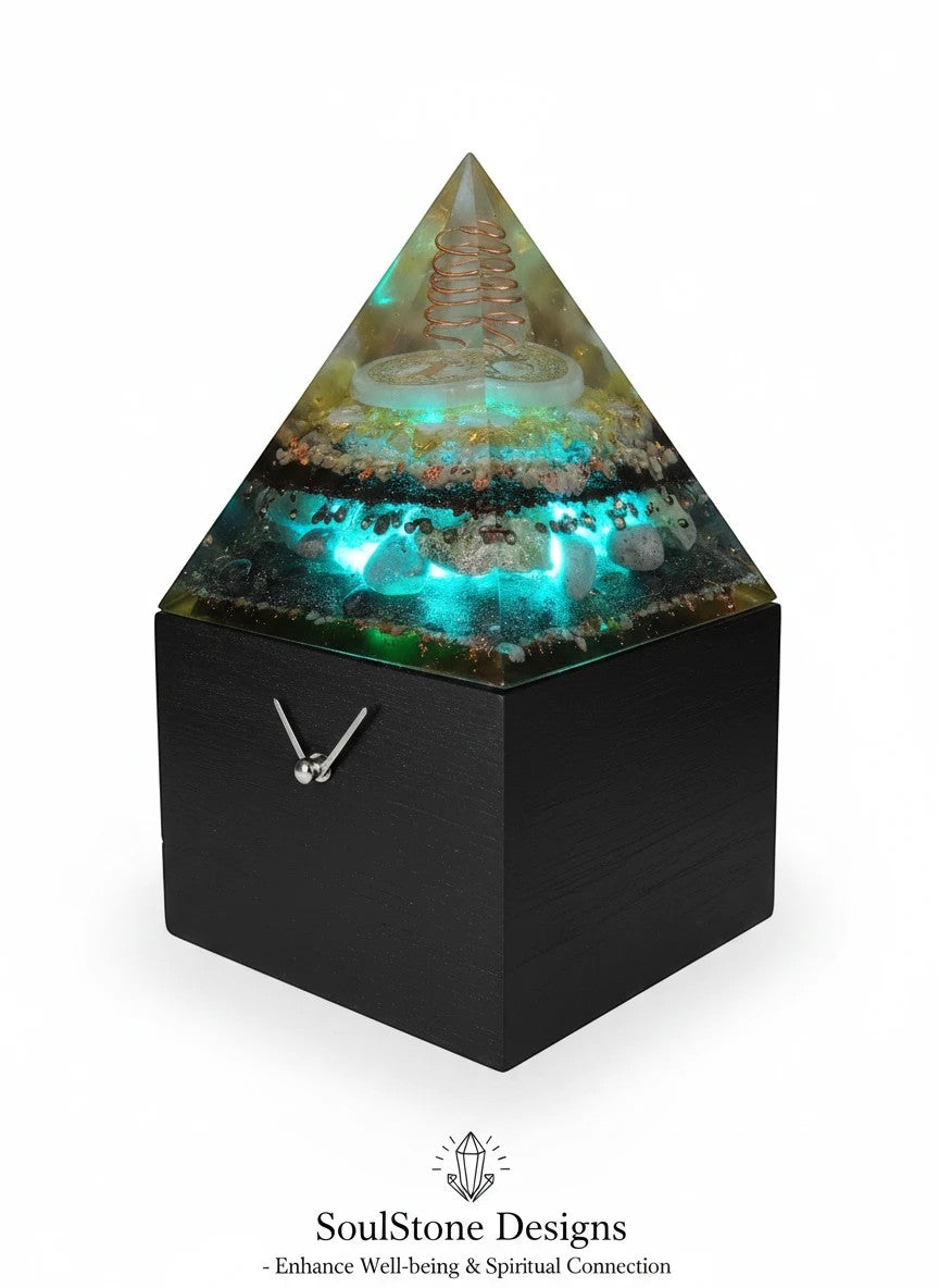 SoulStone Designs pyramid orgonite lamp with copper coil, selenite disc, citrine, sunstone, rose quartz, and honey calcite. Features blue LED light and a wooden base.