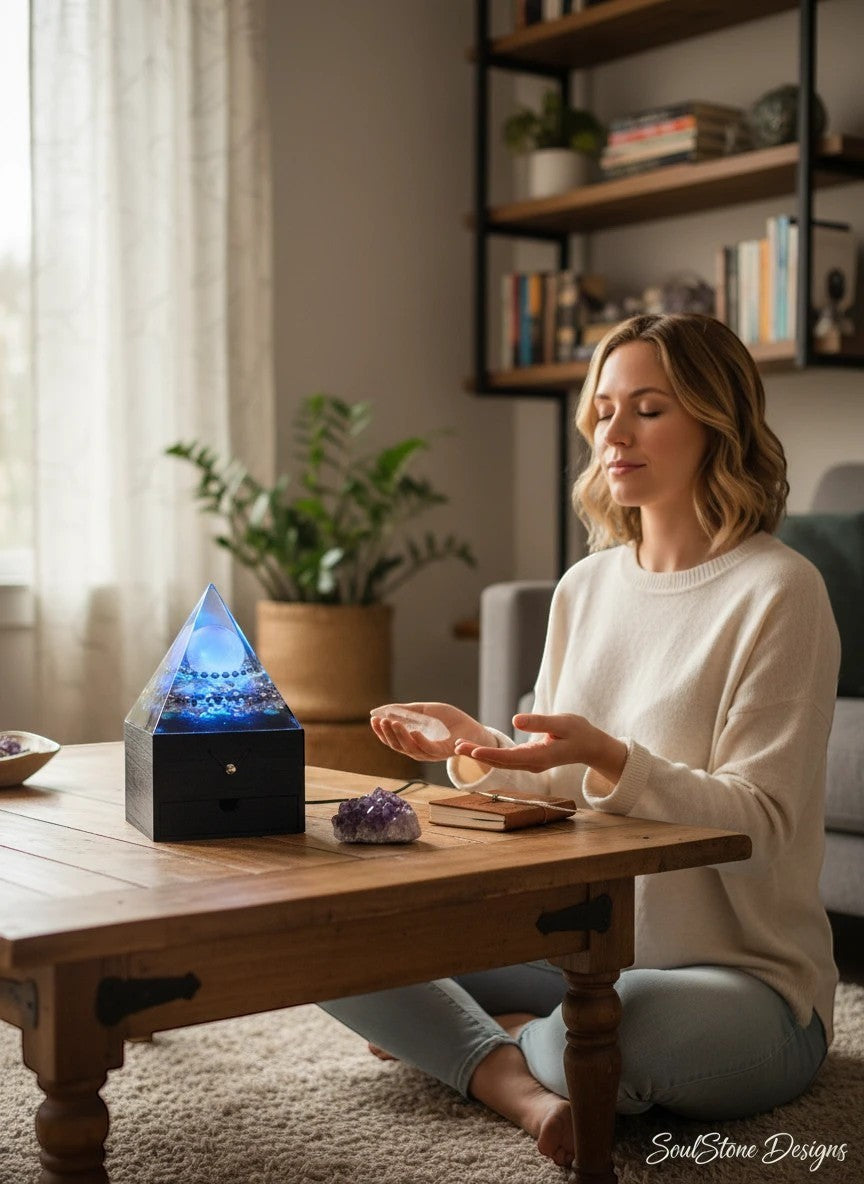 SoulStone Designs orgonite pyramid lamp with blue kyanite, clear quartz, lepidolite, celestite, and smoky quartz. Features selenite sphere, hematite, copper spiral.