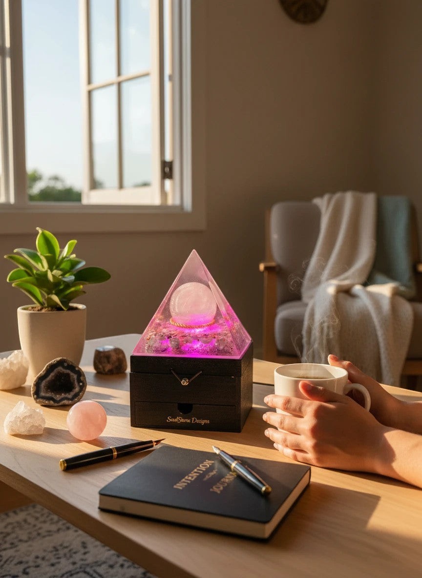 SoulStone Designs Ocean Serenity pyramid lamp with Selenite sphere, pink glow, and layered crystals. Promotes calm and emotional balance.