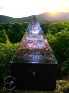 SoulStone Designs orgonite pyramid lamp with copper, crystals, and Selenite. Calming light for neurodivergent minds.