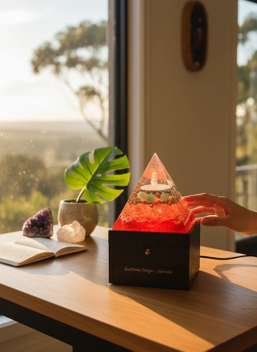 SoulStone Designs Solar Current orgonite pyramid lamp with Citrine, Pyrite, Green Aventurine, Sunstone, Clear Quartz, Selenite, and copper coil. Illuminated red.