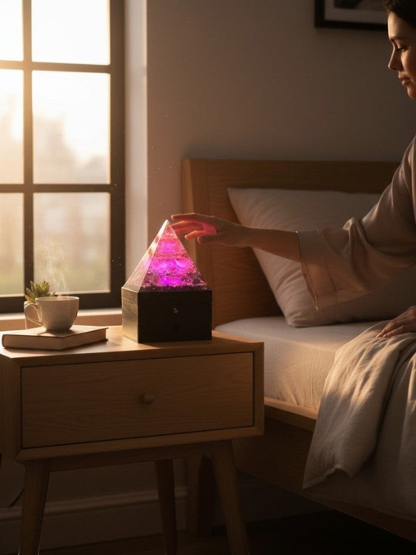 SoulStone Designs Prism of Clarity orgonite pyramid lamp with multicoloured LED light on a wooden jewellery box base.