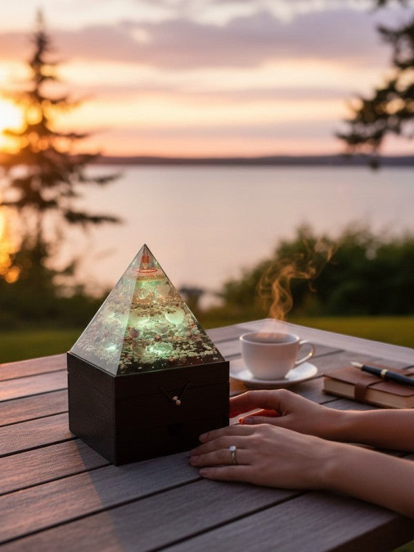 SoulStone Designs Prism of Clarity orgonite pyramid lamp with crystals on a wooden box base at sunset