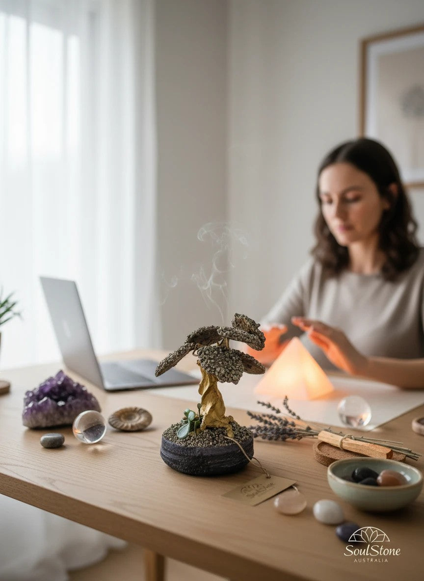 SoulStone Designs handmade pyrite crystal tree with golden leaves and a dark textured pot, emitting smoke. Styled on a desk with crystals and a laptop.
