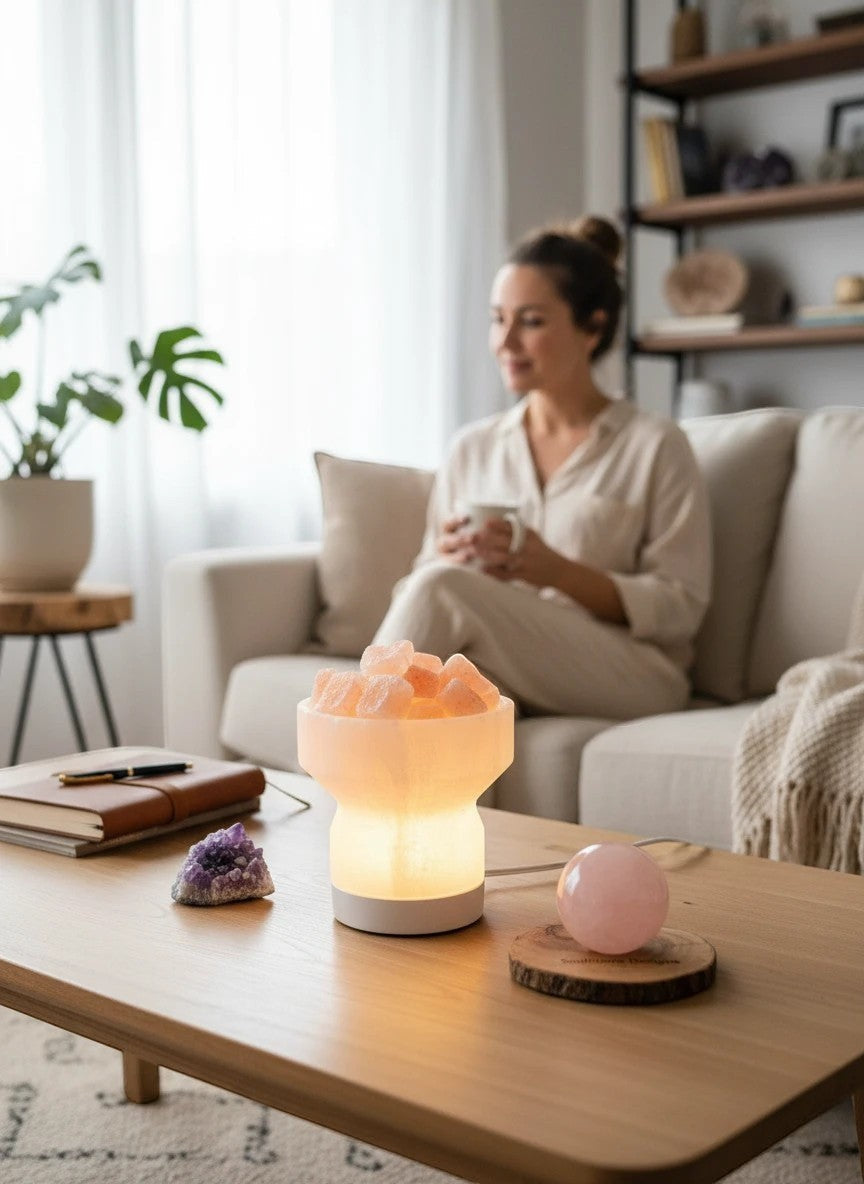 Soul Stone Designs Selenite bowl lamp with peach selenite chunks, emits a warm golden glow. Natural crystal lamp.