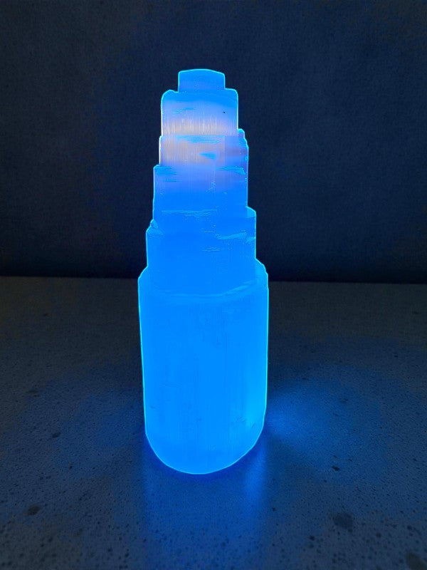 SoulStone Designs tall white selenite tower with blue light base, 270mm, for energy cleansing and peace.