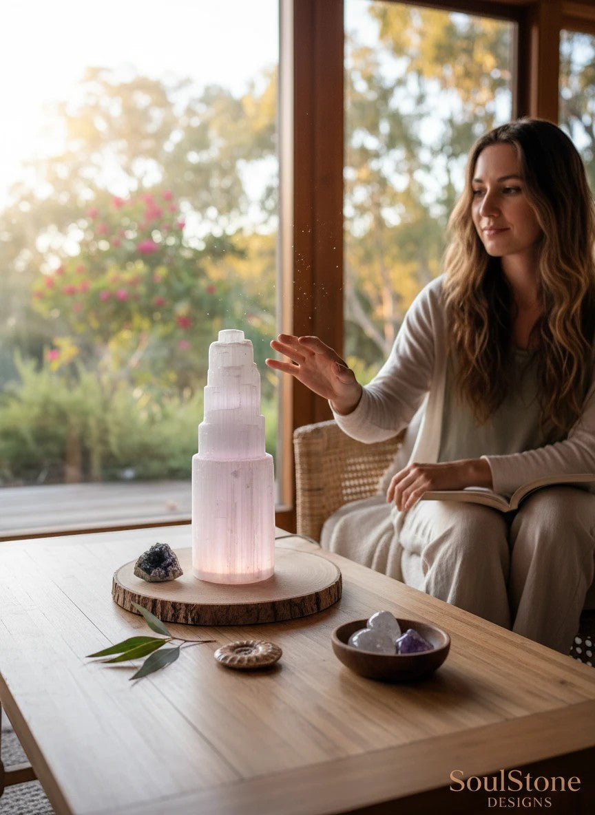 SoulStone Designs tall white selenite tower with multicoloured light base, radiating soft glow. Ideal for energy cleansing.