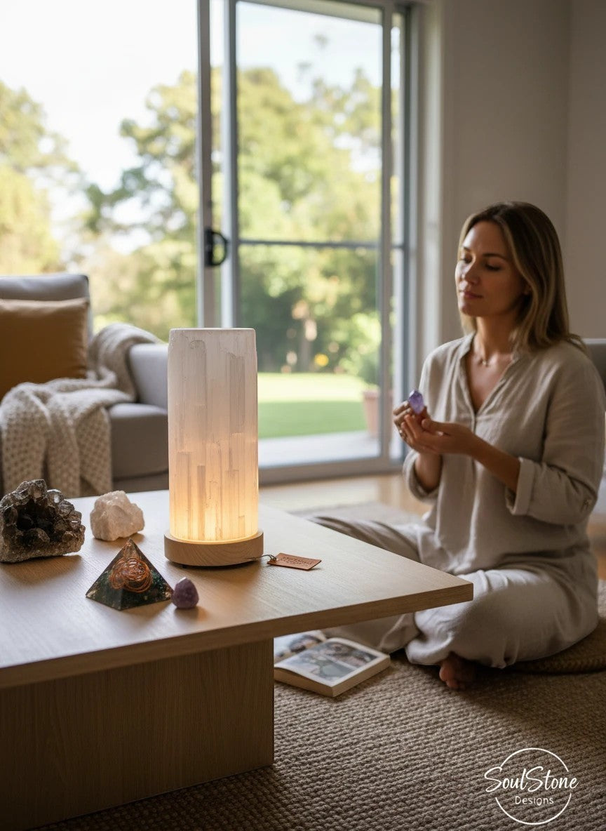 SoulStone Designs natural selenite tower lamp with multicolour LED base, diffusing a soft glow. Used for meditation.