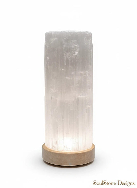 SoulStone Designs natural selenite tower lamp with multicolour LED base, diffuses soft light for calm and clarity.