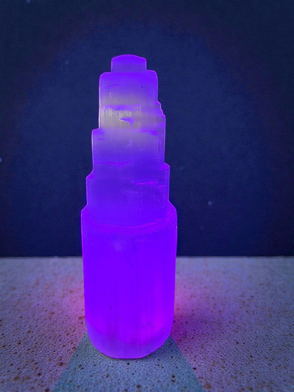 SoulStone Designs tall white selenite tower with purple light base, 270mm, for energy cleansing and peace.