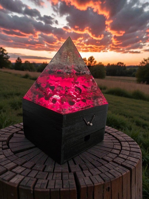 Soul Stone Designs Aegis Root orgonite pyramid lamp with red light, clear quartz point, and copper coil. Black base with drawer.