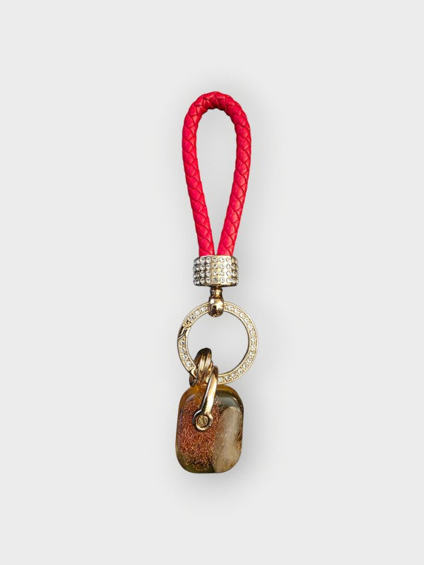 Soul Stone Designs Citrine square Crystal Orgonite Keychain with red braided loop and crystal-embellished hardware.