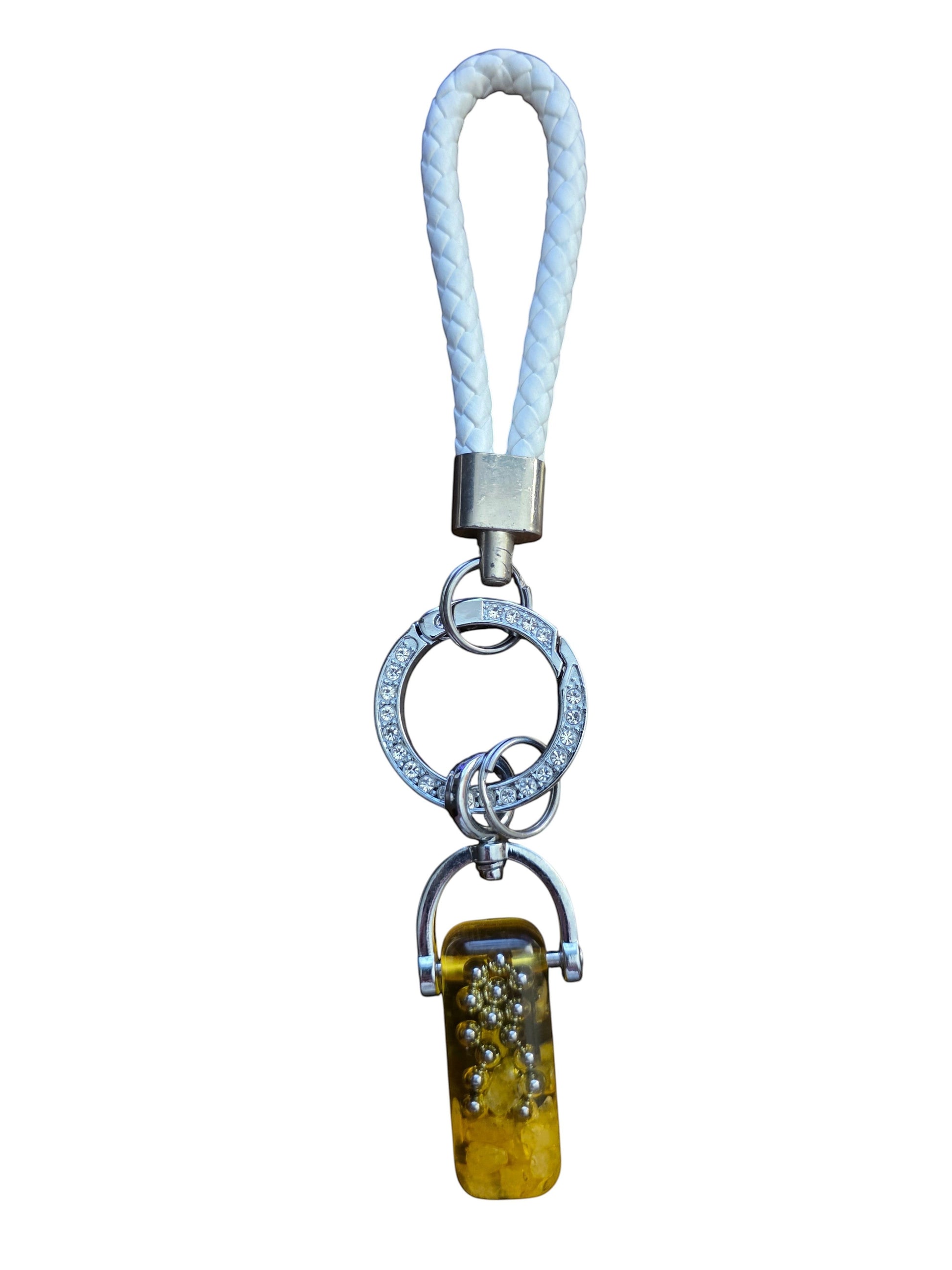 Soul Stone Designs Citrine mini Orgonite keychain with white braided strap and crystal-encrusted ring.