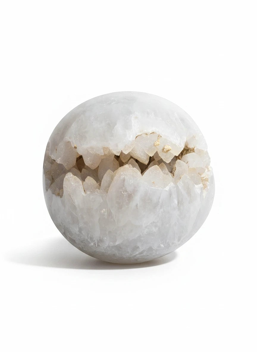Soul Stone Designs clear quartz sphere with a sugar druzy cavity, polished white exterior, natural crystal formation.