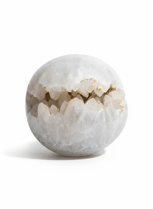 Soul Stone Designs clear quartz sphere with a sugar druzy cavity, polished white exterior, natural crystal formation.