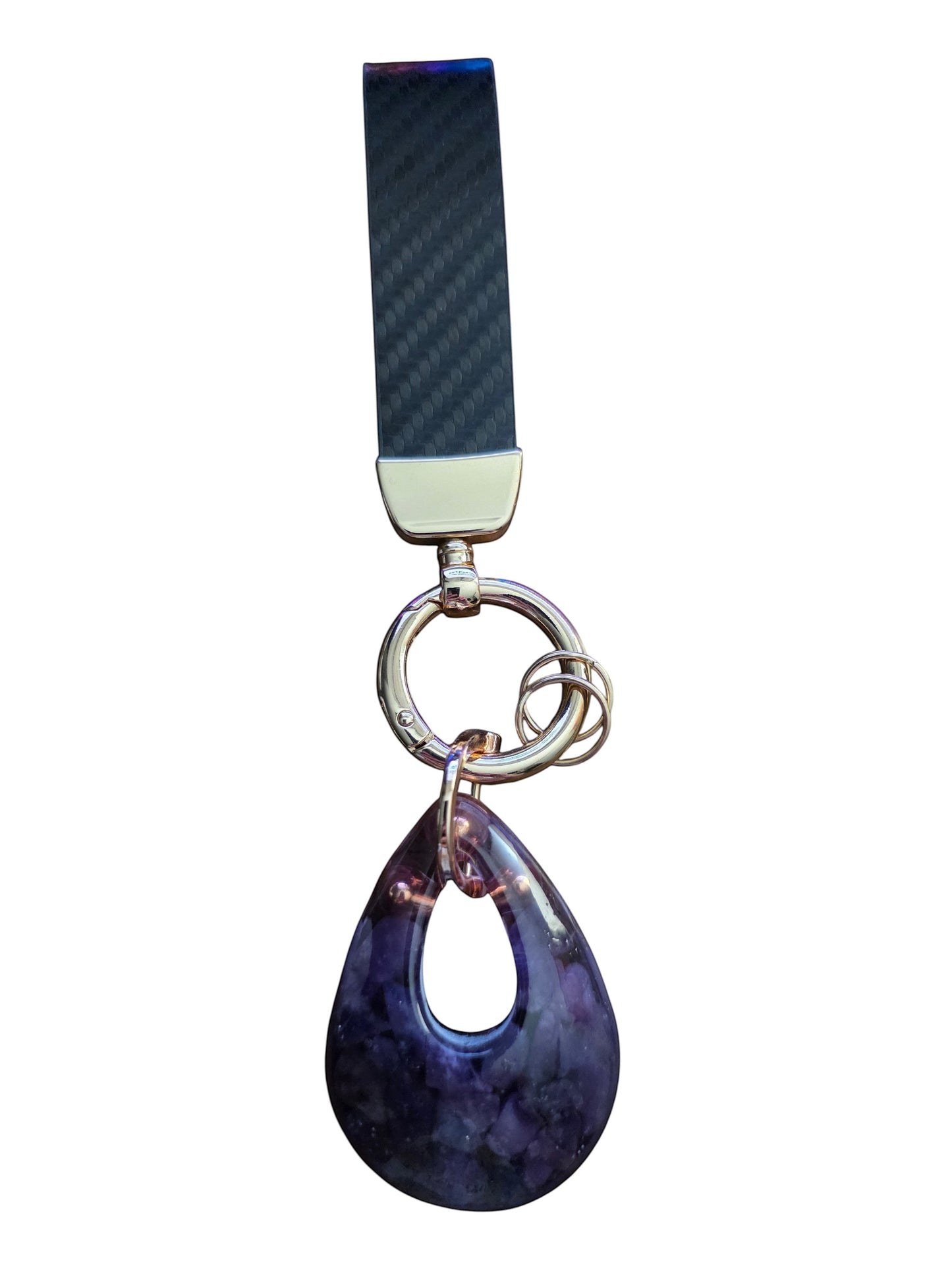 Soul Stone Designs Lepidolite orgonite keychain with a teardrop-shaped purple crystal pendant and carbon fiber strap.