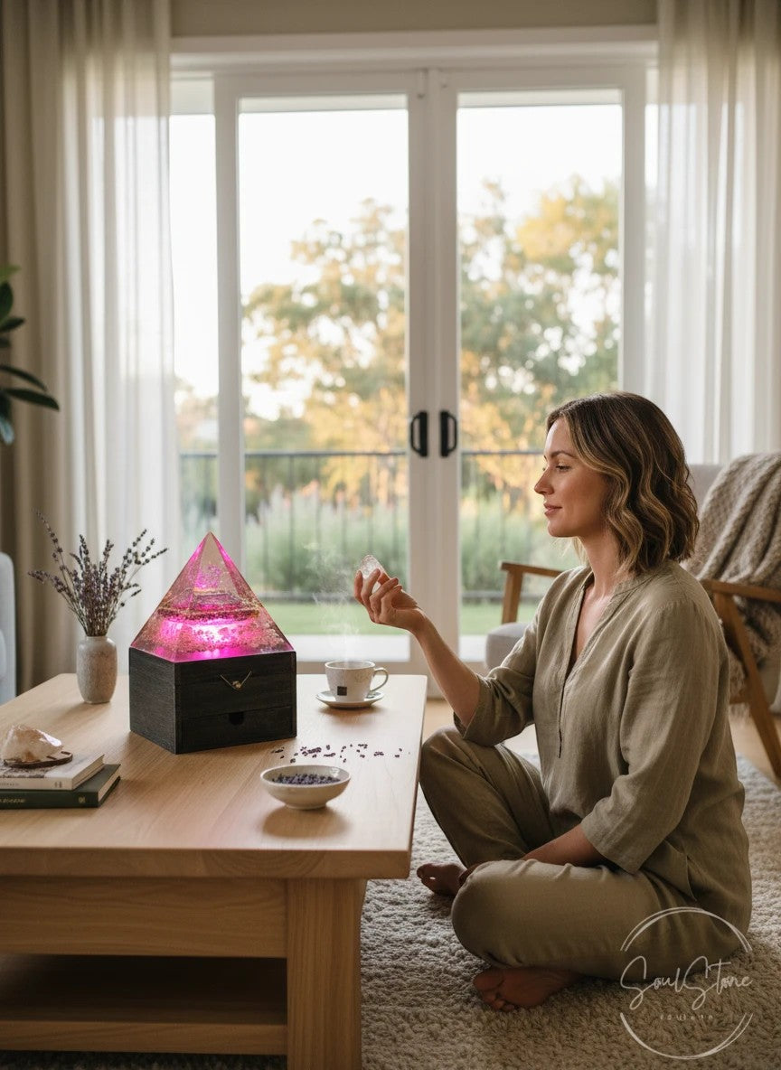SoulStone Designs Axis of Light Orgonite Lamp with Metatron's Cube and crystals, glowing pink.