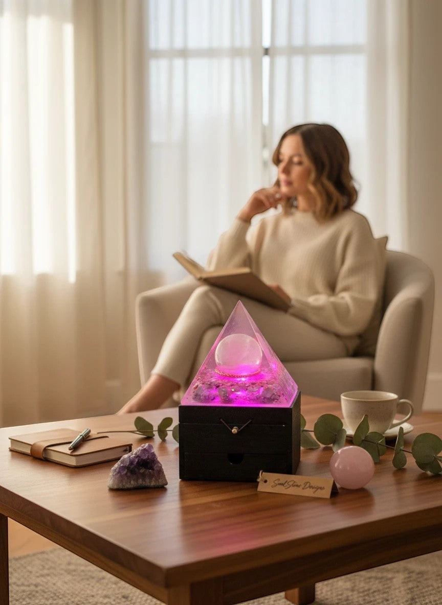 SoulStone Designs Ocean Serenity orgonite lamp with Selenite sphere, Lepidolite, Blue Calcite, and Aquamarine. Pink glow.