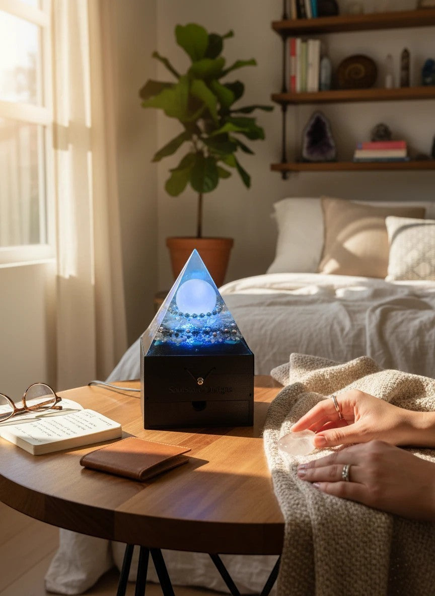 Soul Stone Designs pyramid orgonite lamp with selenite sphere, blue kyanite, clear quartz, lepidolite, celestite, and smoky quartz for calm and alignment.