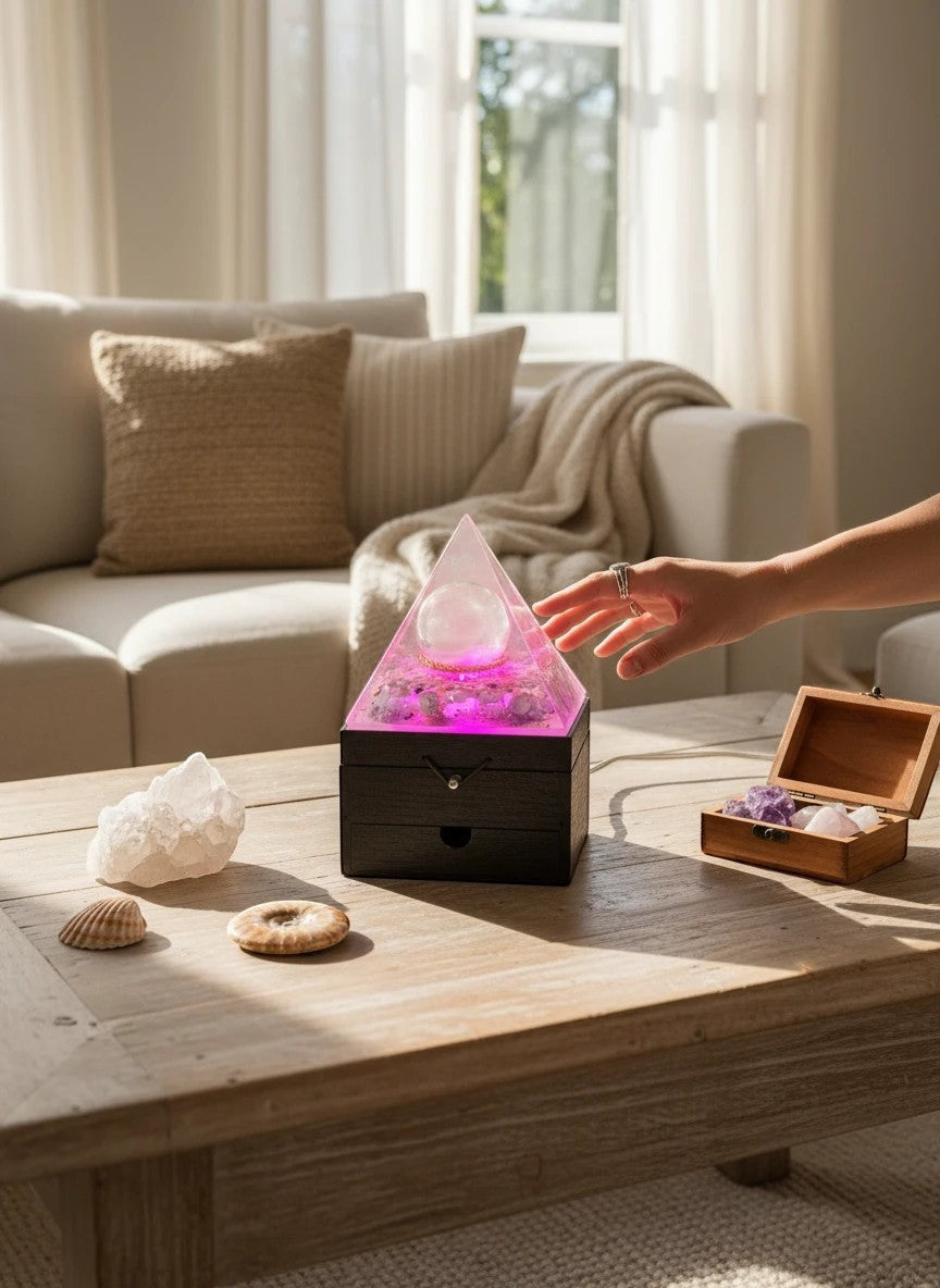Soul Stone Designs Ocean Serenity orgonite pyramid lamp with Selenite sphere, Lepidolite, Blue Calcite, and Aquamarine crystals, glowing pink.