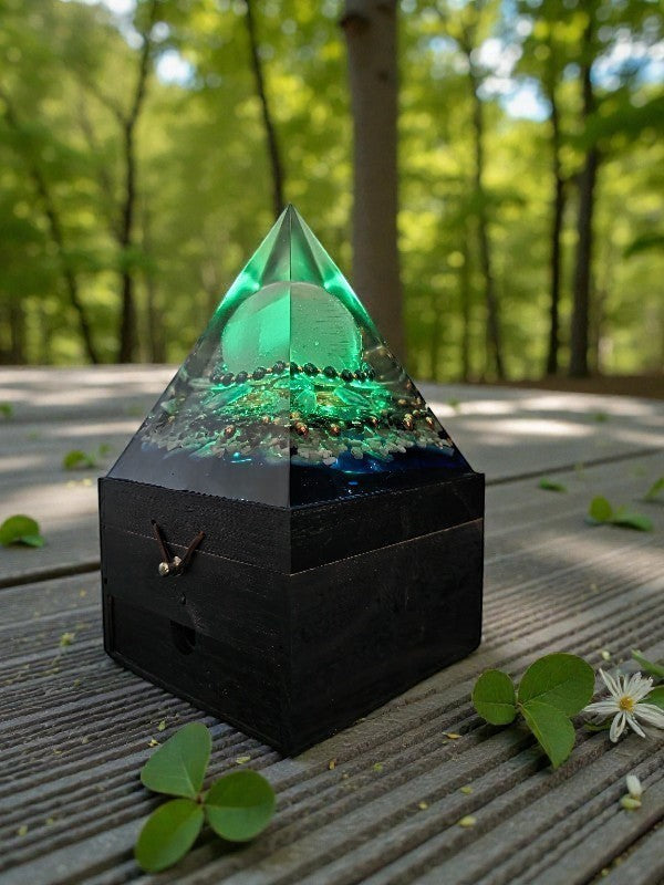 Soul Stone Designs Axis of Stillness orgonite pyramid lamp with green crystals and selenite sphere.