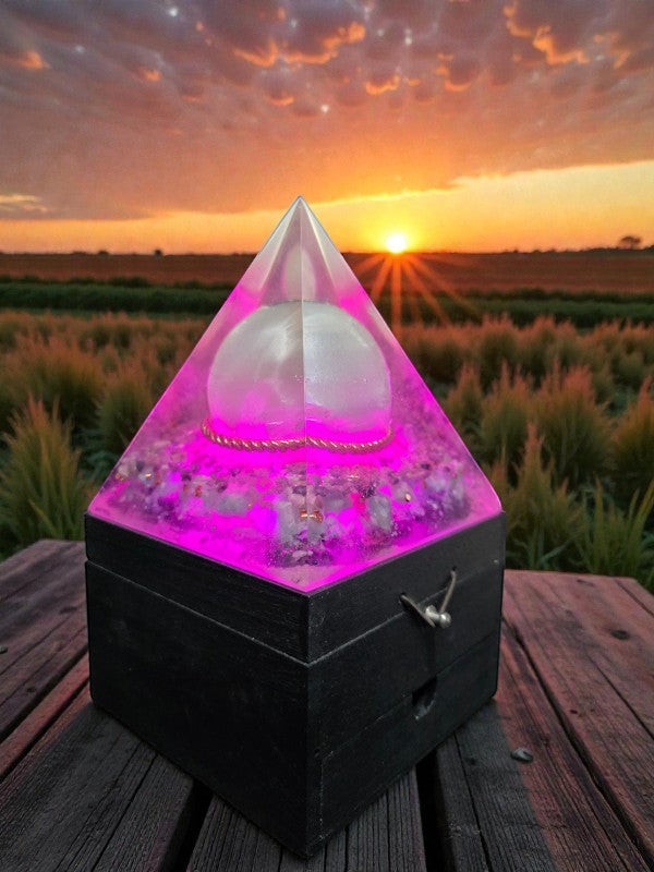 Soul Stone Designs Ocean Serenity orgonite pyramid lamp with Selenite sphere, Lepidolite, Blue Calcite, Aquamarine, and copper ring, glowing pink.