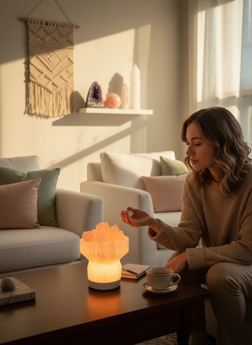 Soul Stone Designs Selenite Bowl Lamp with Peach Selenite chunks, emitting a warm golden glow. Natural crystal lamp for home decor.