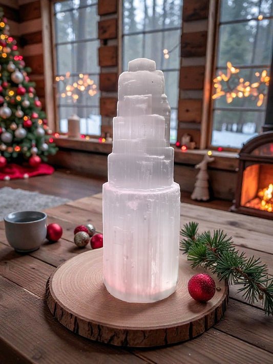 Soul Stone Designs tall white selenite tower with multicoloured light base, 270mm, for energy cleansing and peace.