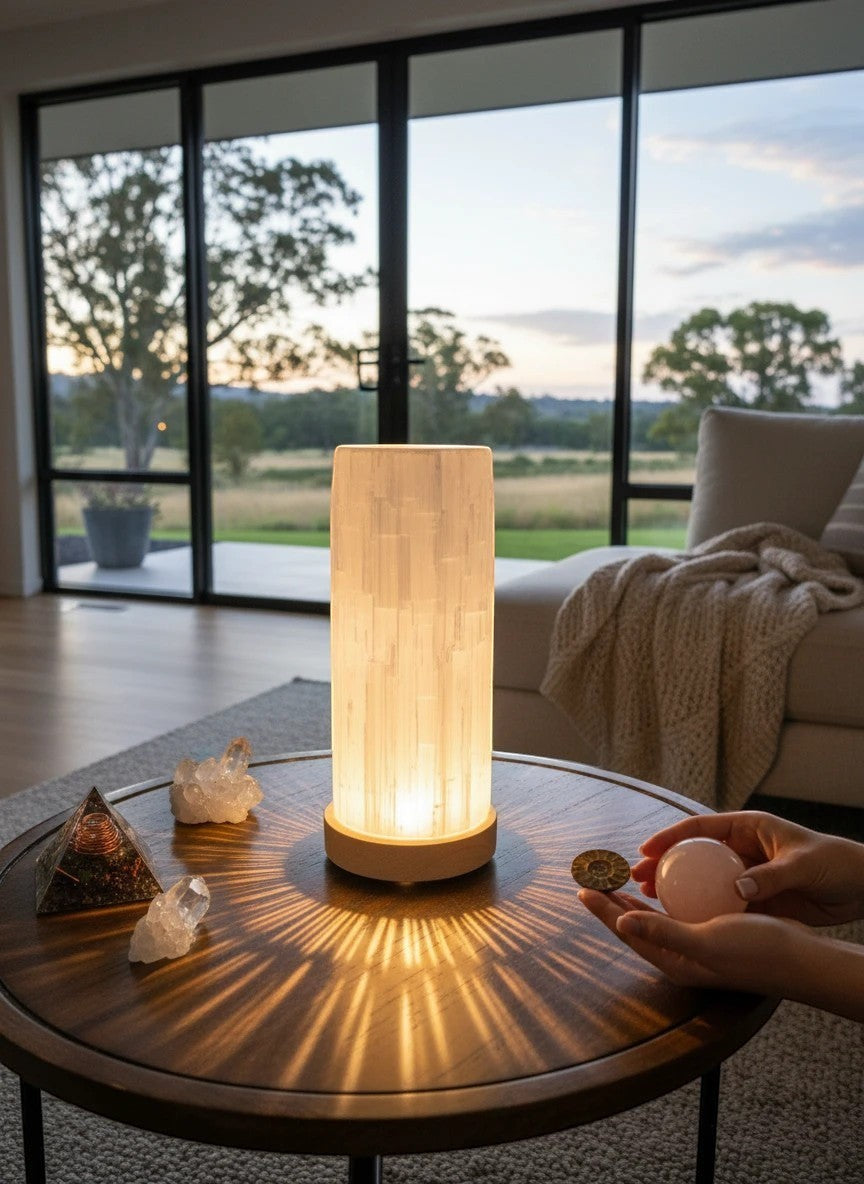 Soul Stone Designs Selenite Tower Lamp with multicolour LED base, natural satin spar crystal, 120 characters.