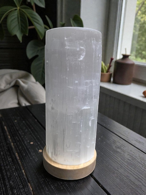 Soul Stone Designs natural selenite tower lamp with multicolour LED base, clear crystal, 10" tall.