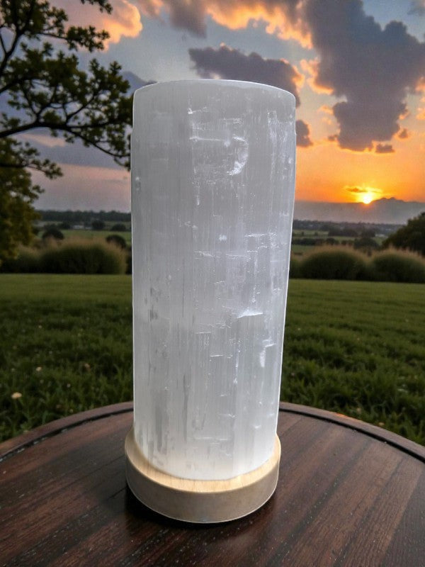 Soul Stone Designs natural selenite tower lamp with multicolour LED base, promoting peace and clarity.