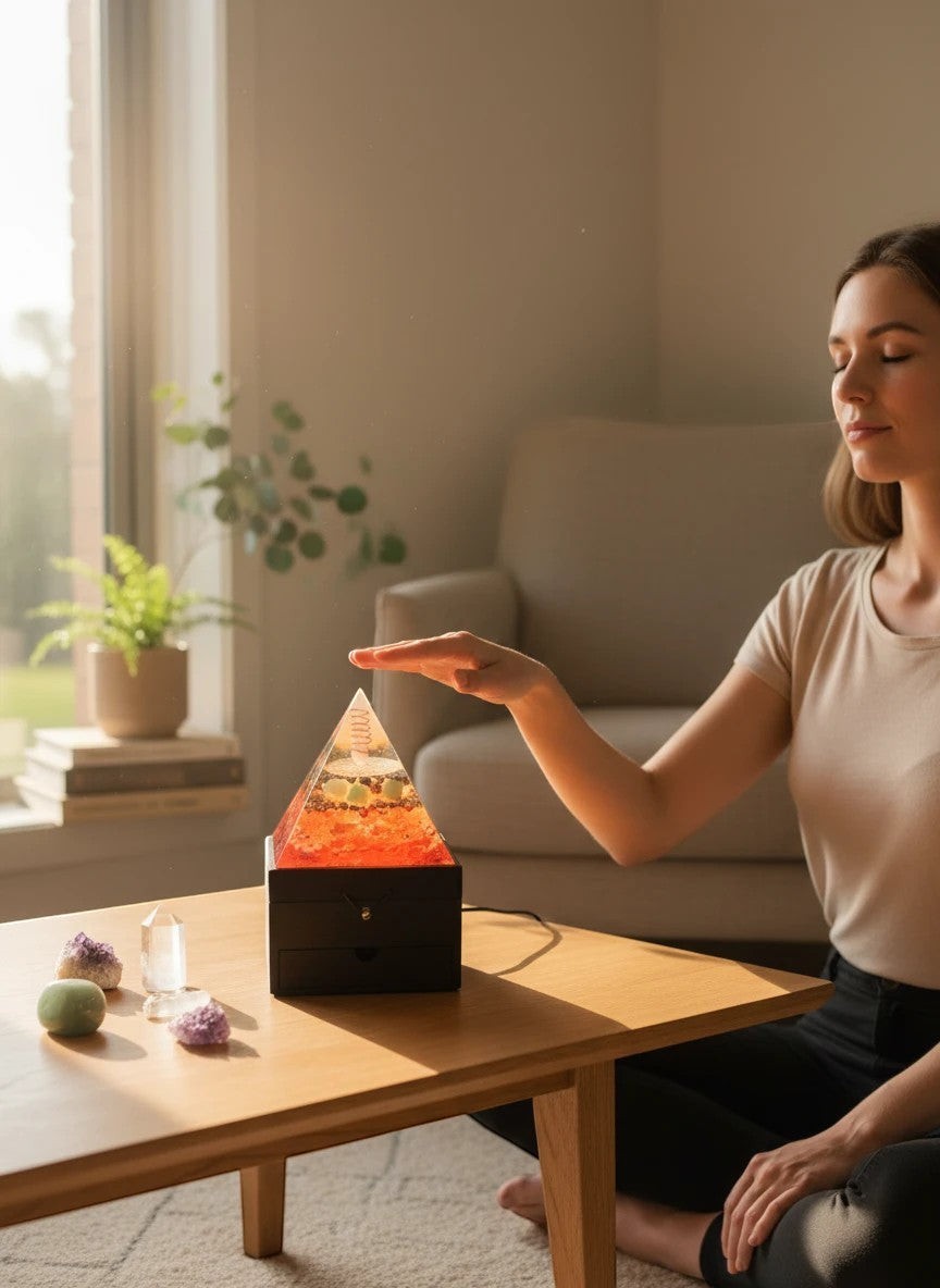 Soul Stone Designs Solar Current orgonite pyramid lamp with Citrine, Pyrite, Green Aventurine, Sunstone, Clear Quartz, Selenite, and copper coil. Illuminated by multicoloured LED.