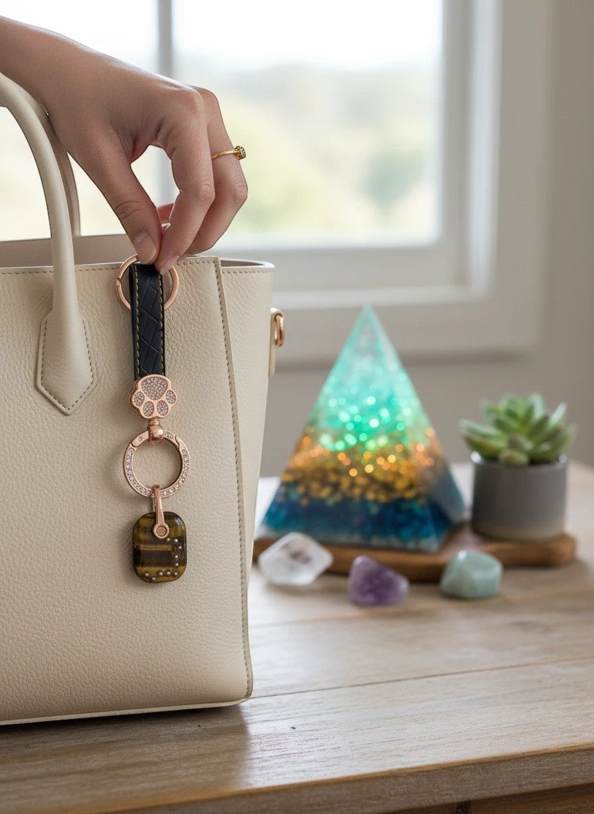 Soul Stone Designs keychain with tiger's eye stone, paw charm, and rose gold ring, attached to a cream handbag.
